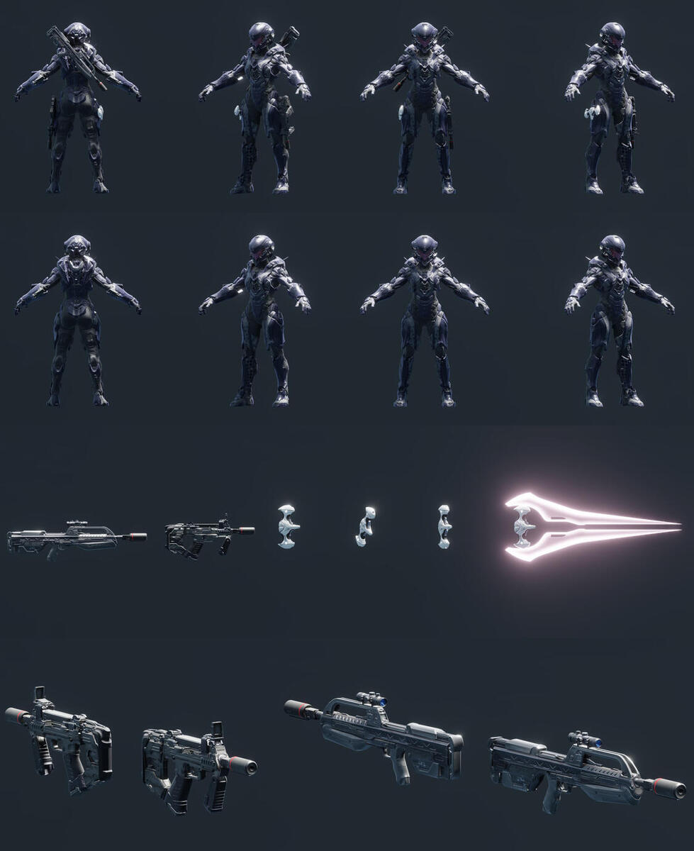 H឵឵er armor and primary weapons.